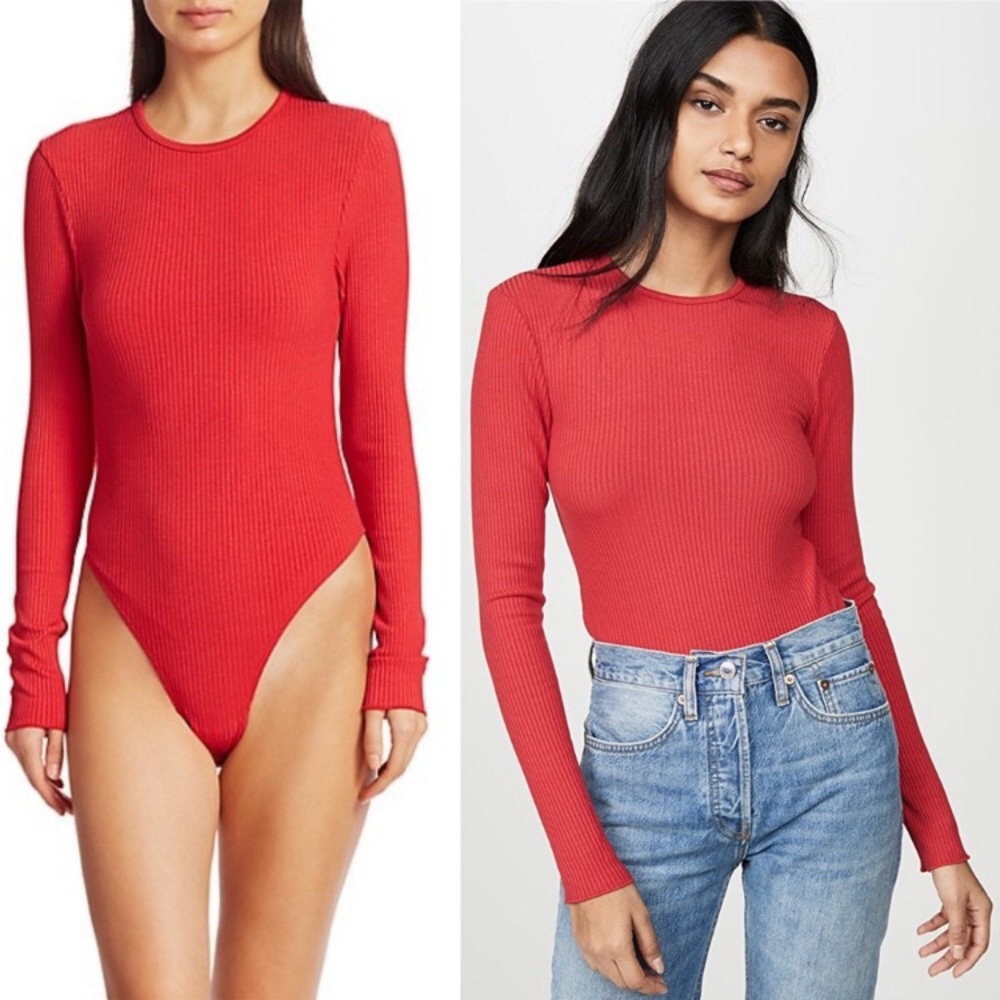 Re/Done 60s Red Orange Long Sleeve Ribbed Thong Bodysuit Size XS